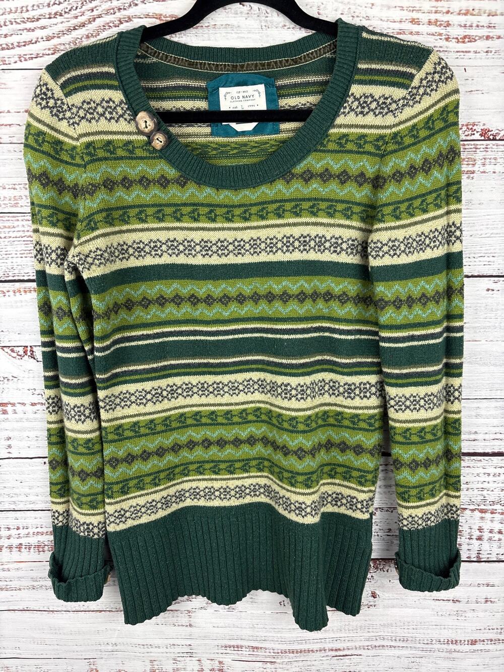 Retro Old Navy Green Tan Fair Isle Wool Blend Pullover Sweater Casual Womens L